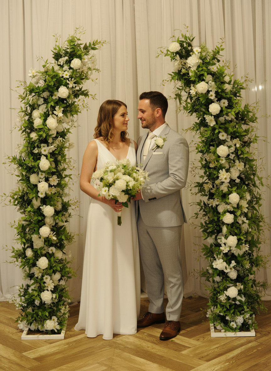Wedding floral pillars styled at a real wedding